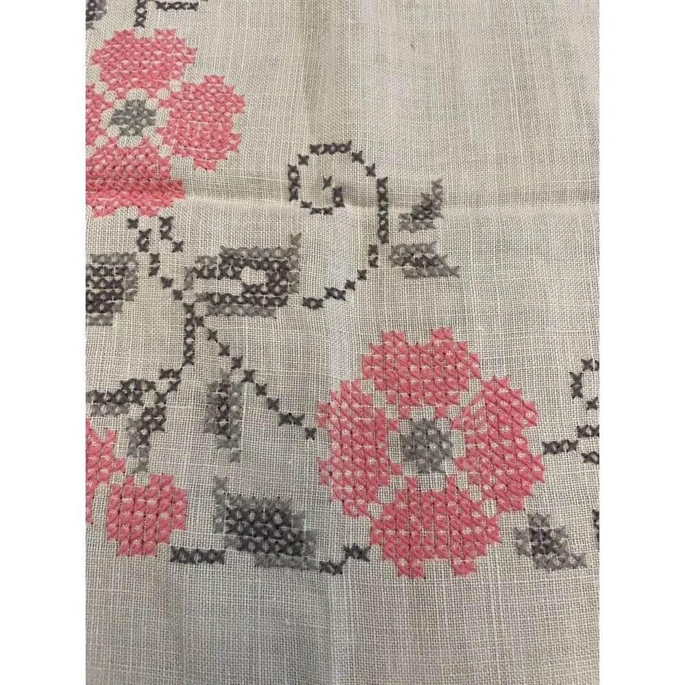 Vintage Cross Stitch Tablecloth Used Pink Gray